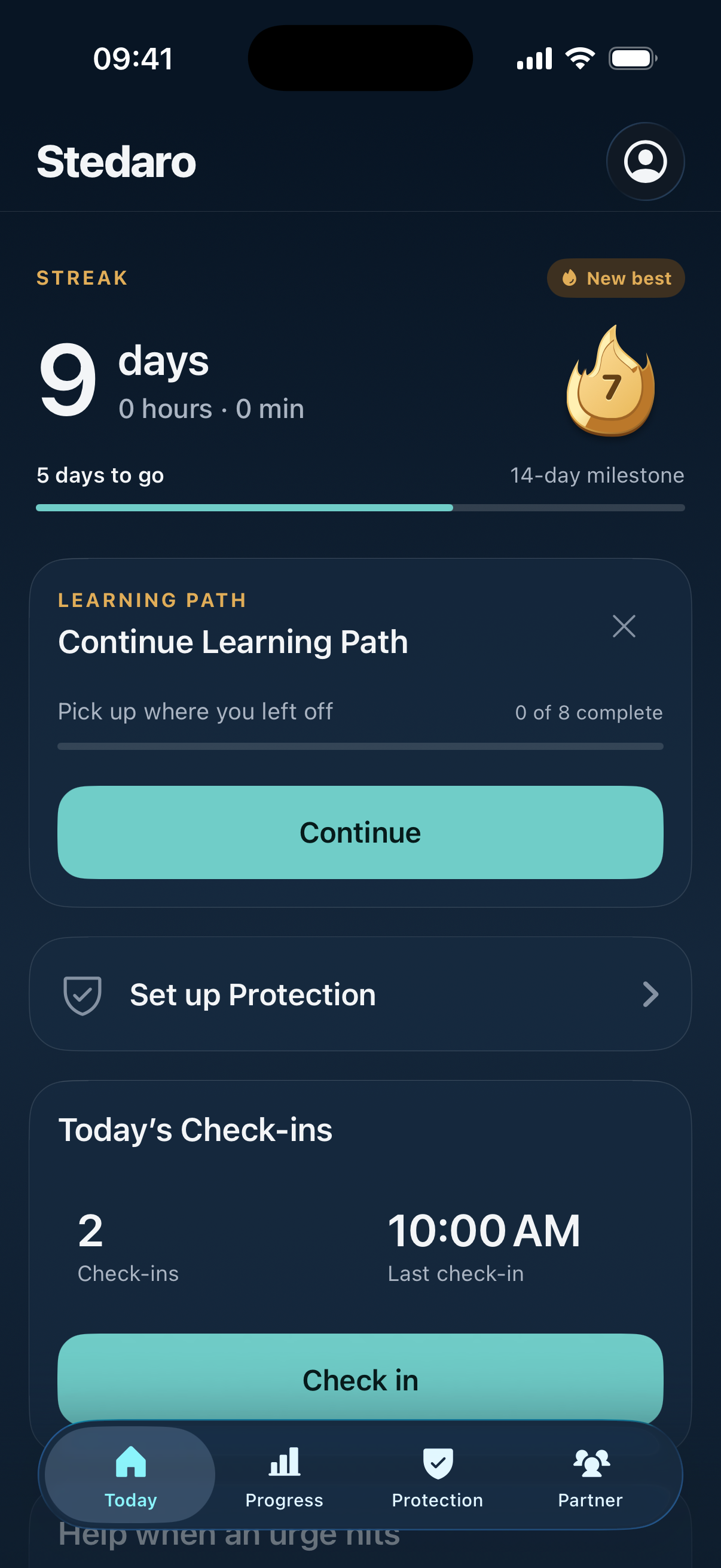 Stedaro Today screen showing streak progress, the Learning Path and daily check-ins.